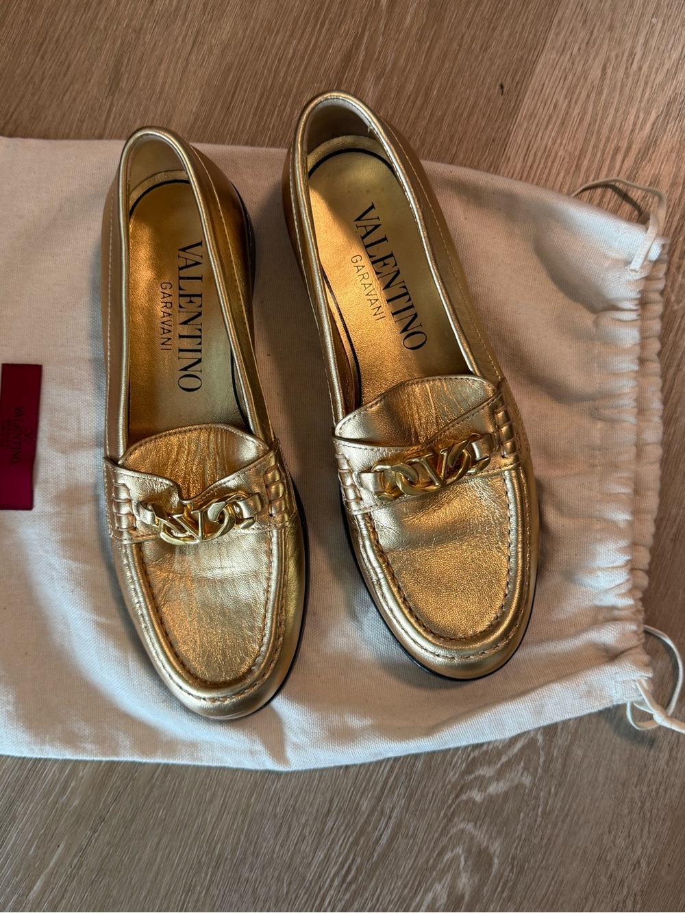 Valentino Garavani Metallic Gold Chain-Trim Loafers